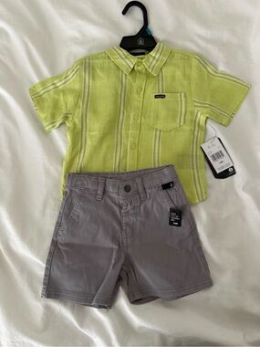 Volcom Lime Green Striped Button-Front Shirt with Gray Shorts